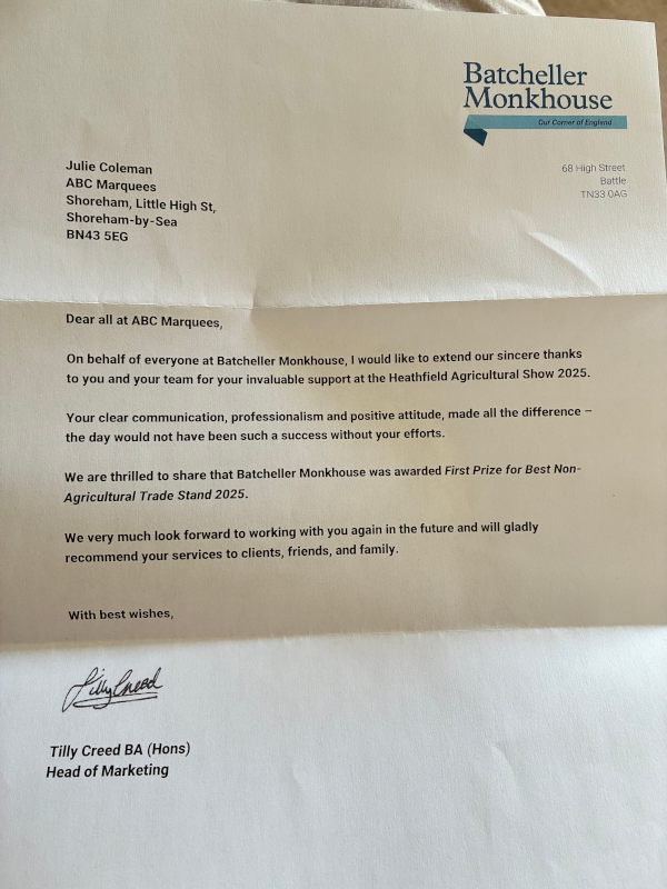 Batcheller Monkhouse thank you letter from Heathfield show 2025