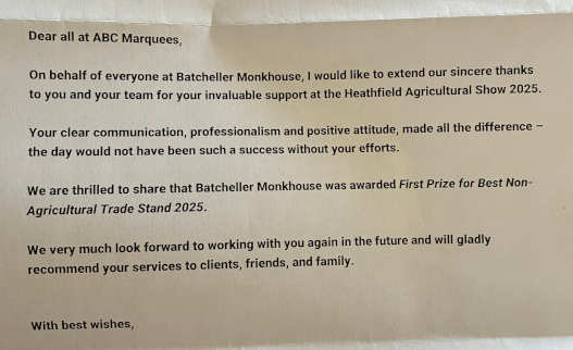 Client thank you letter from the Heathfield show 2025